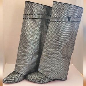 Rhinestone Knee High Cuffed Wedge Boots
